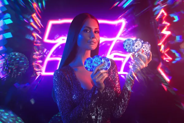 A stylish woman beside vibrant slot machines displaying glowing sevens, showcasing the variety of top slots at 599JILI.